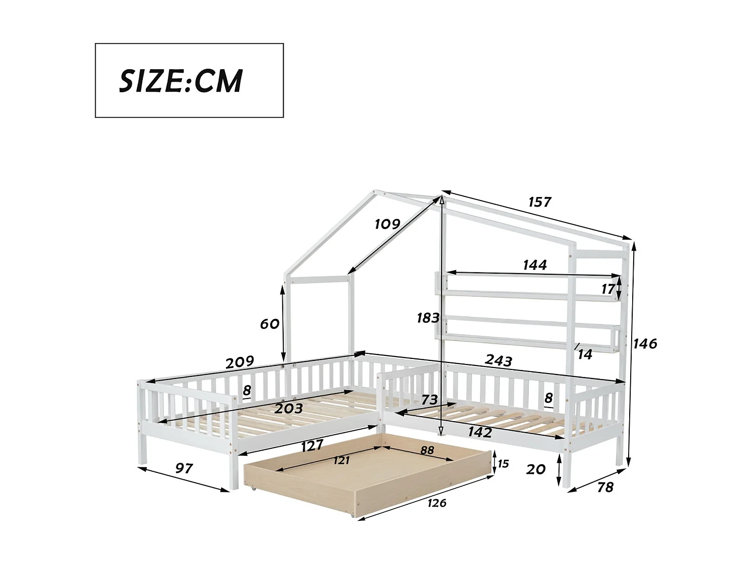 Cama infantil cabina 90x200cm + 70x140cm - con cajones, estantes, somier de láminas, estructura en L, pino - Blanco