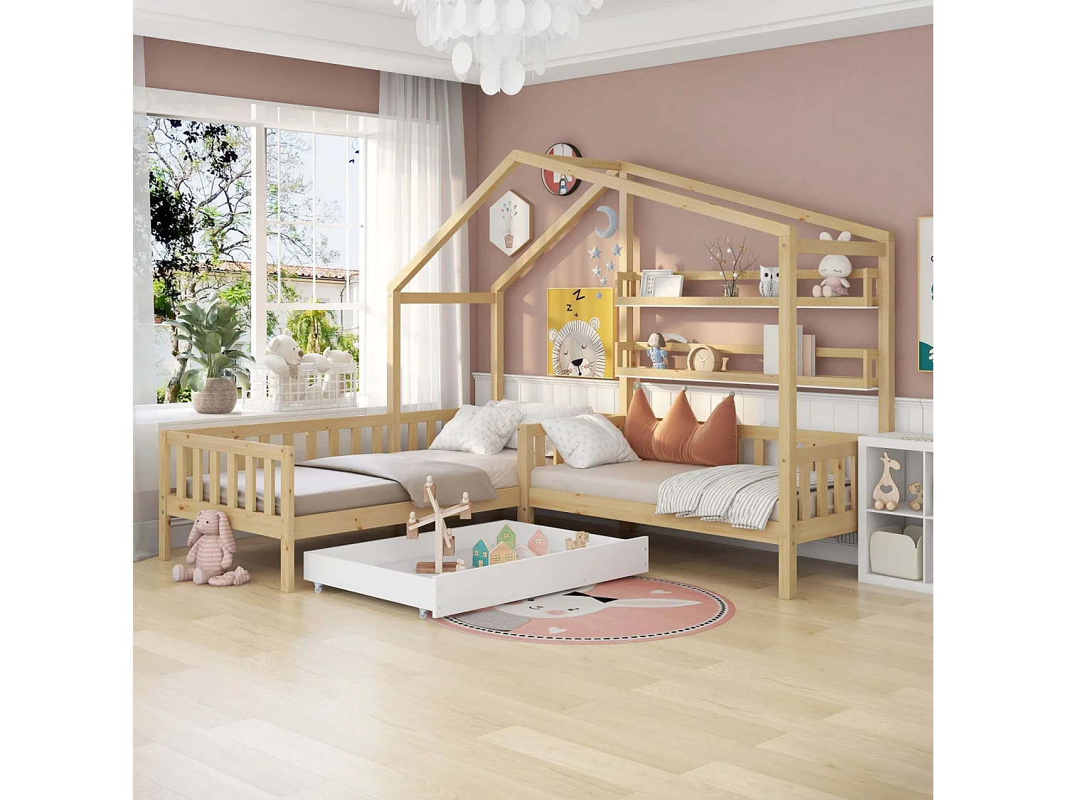 Letto a soppalco per bambini 90x200cm+70x140cm - con cassetti, ripiani, rete a doghe, struttura a L, pino - Naturale