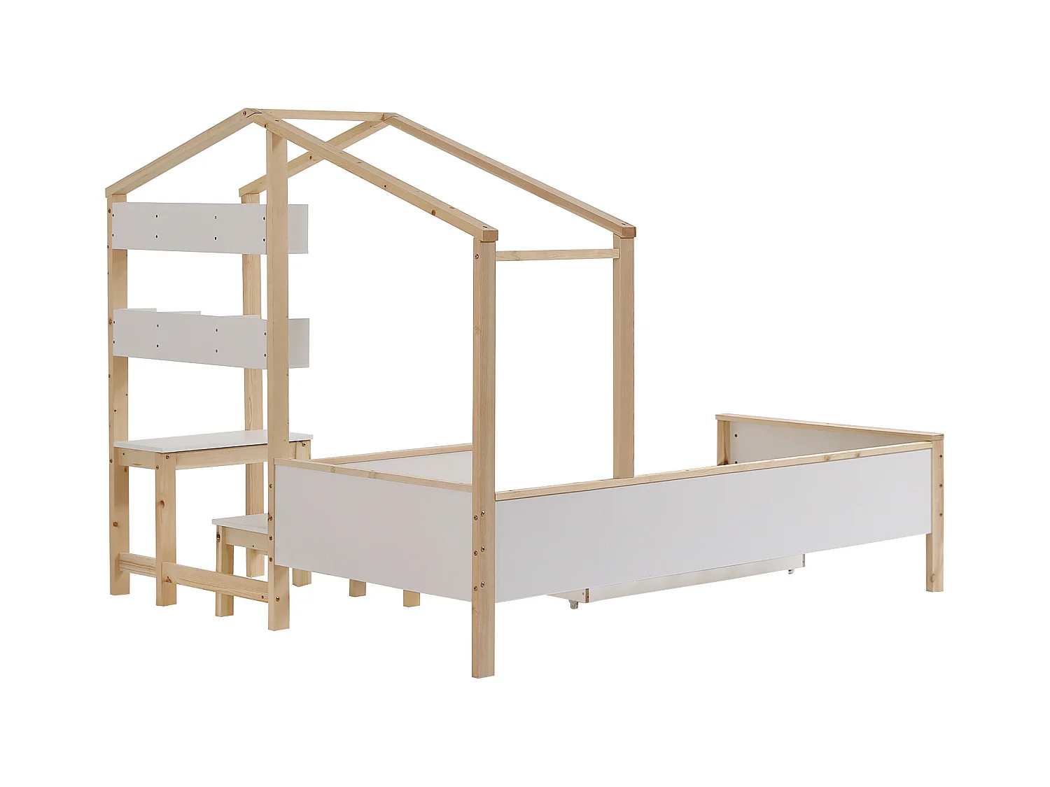 Kajuitbed 90x200cm, kinderbed met lattenbodem, laden en planken, grenen+MDF, wit+naturel