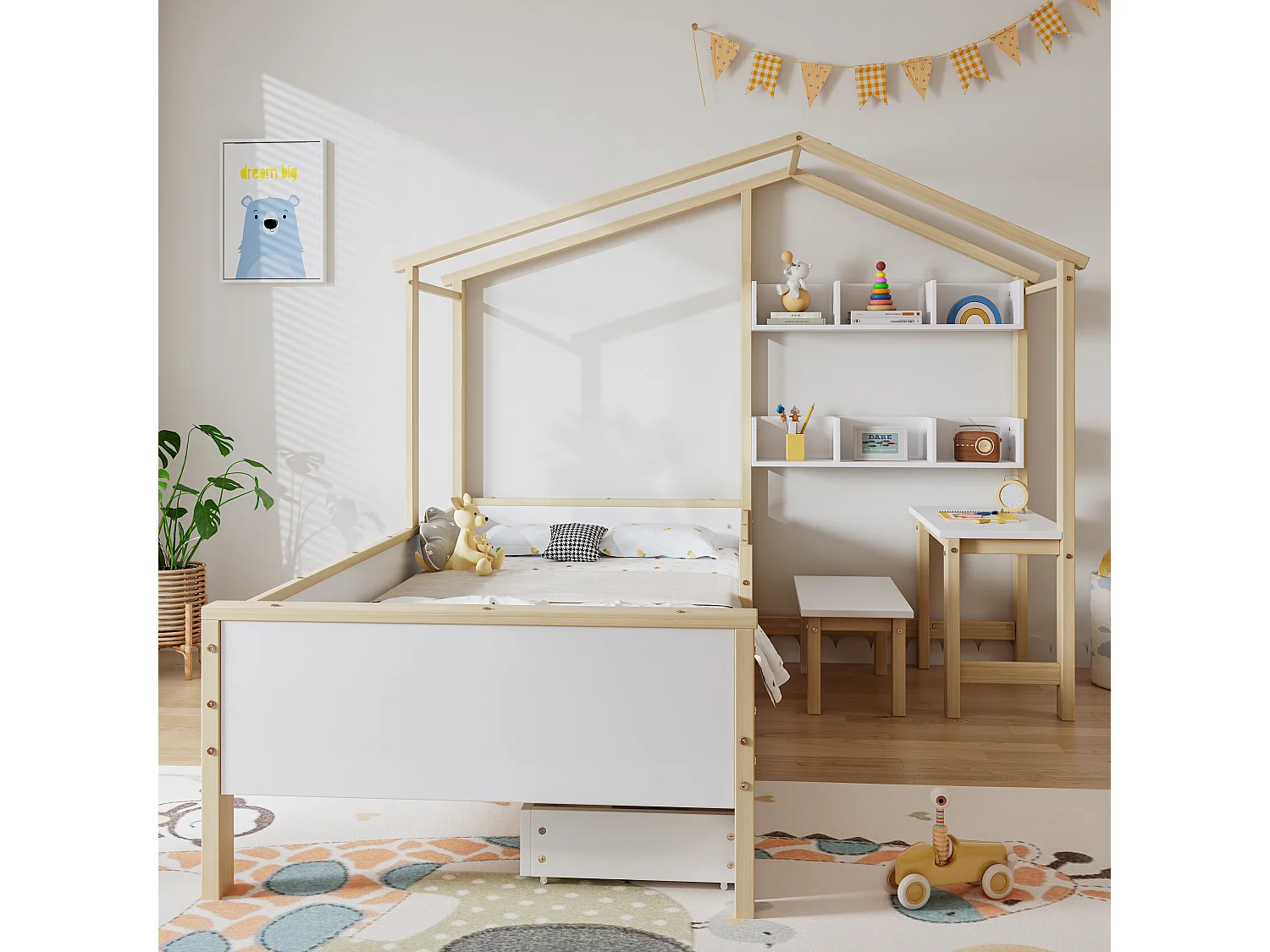 Kajuitbed 90x200cm, kinderbed met lattenbodem, lades en planken, grenen+MDF, wit+naturel