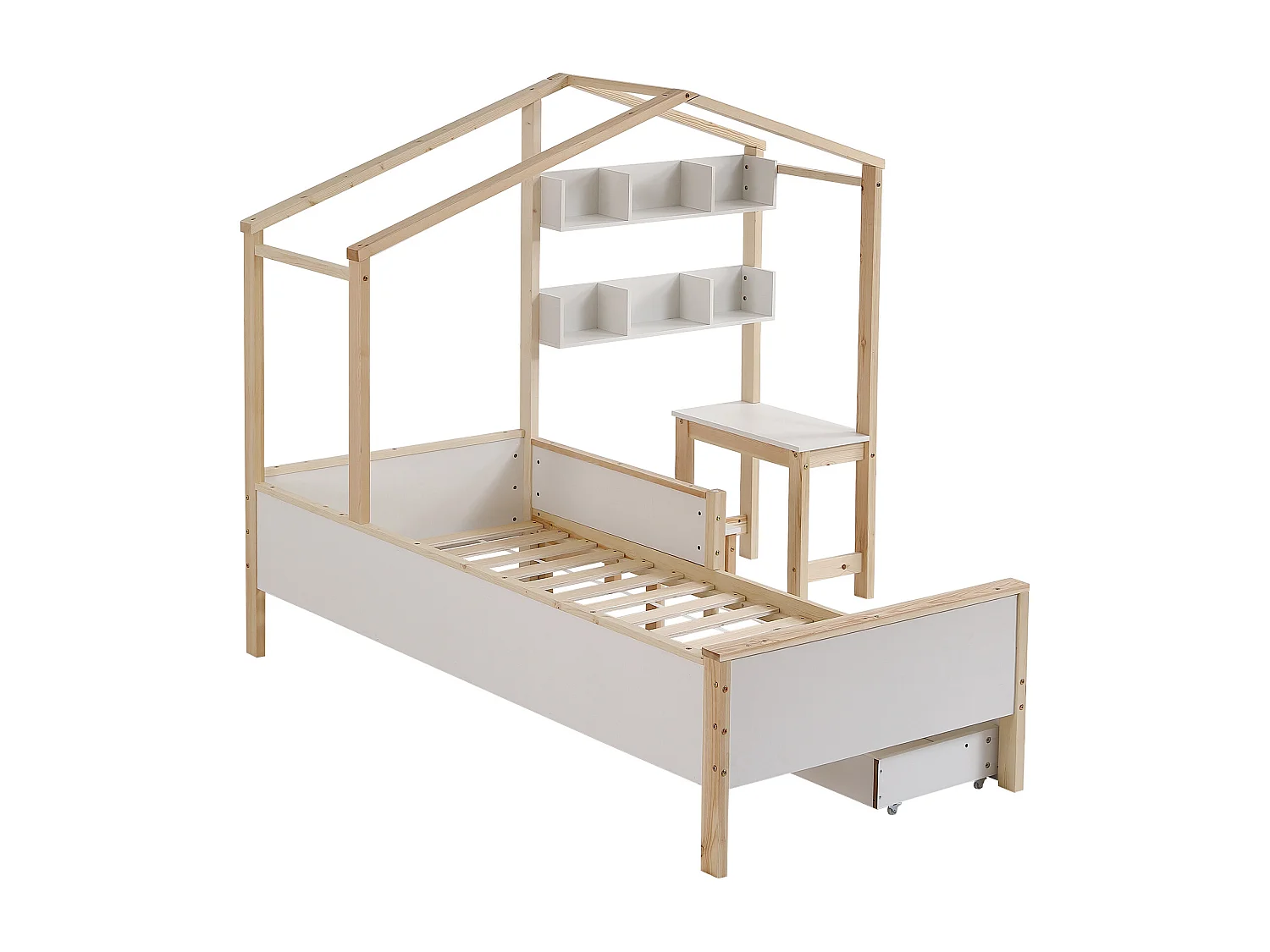Kajuitbed 90x200cm, kinderbed met lattenbodem, lades en planken, grenen+MDF, wit+naturel