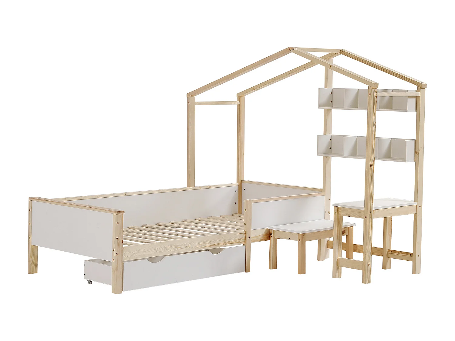 Kajuitbed 90x200cm, kinderbed met lattenbodem, lades en planken, grenen+MDF, wit+naturel
