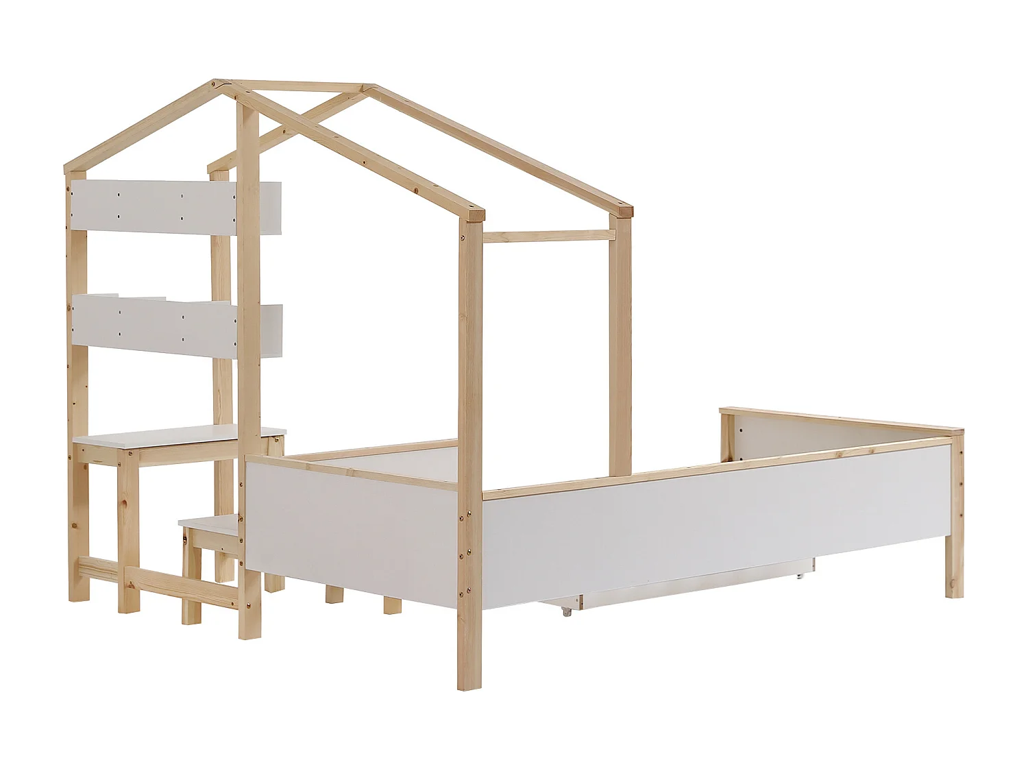 Kajuitbed 90x200cm, kinderbed met lattenbodem, lades en planken, grenen+MDF, wit+naturel