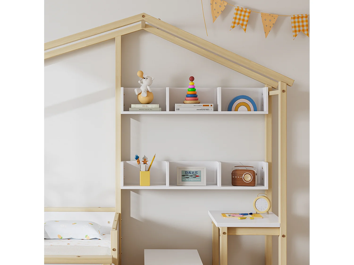 Kajuitbed 90x200cm, kinderbed met lattenbodem, lades en planken, grenen+MDF, wit+naturel