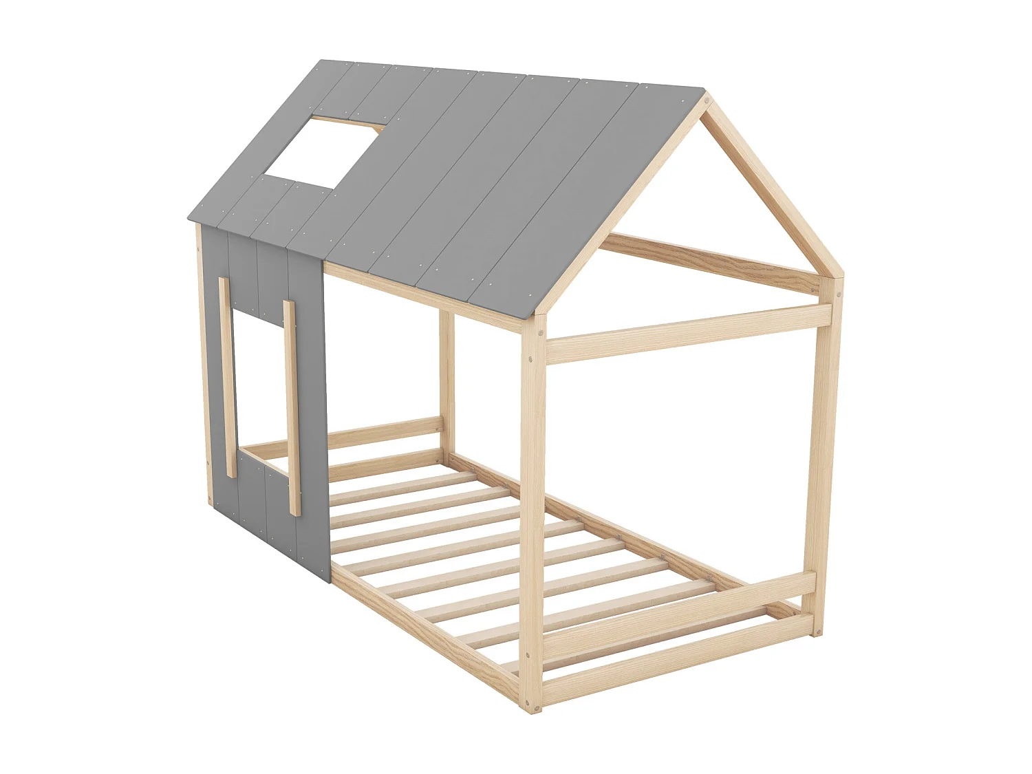 Lit cabane 90x200cm - Lit d'enfant en forme de maison, Lit plat à une place avec toit et fenêtre - Nature + Gris