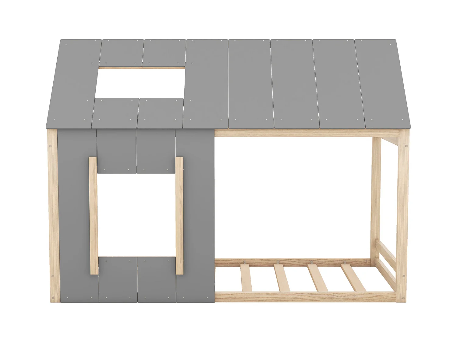 Cama nido de 90 x 200 cm - Cama infantil con forma de casa, individual, con techo y ventana - Natural y gris