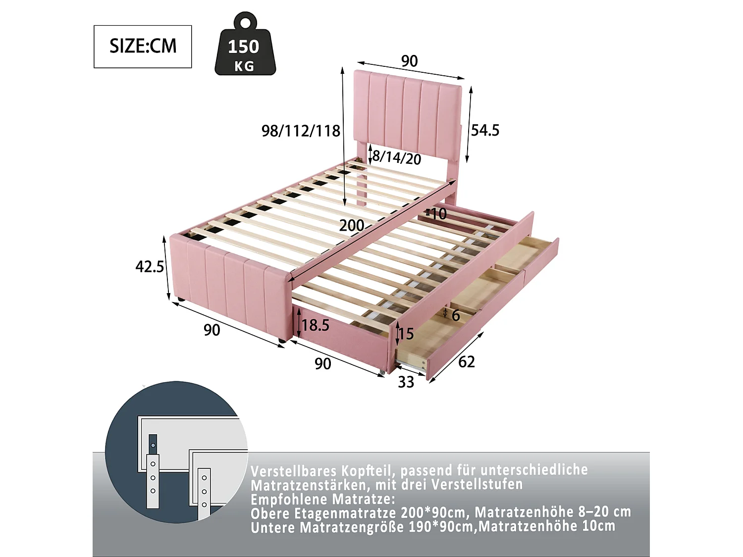 Uitschuifbed 90x200cm+90x190cm, bed op wielen met 3 lades, gestoffeerd linnenbed, voor kinderen en jongeren, roze