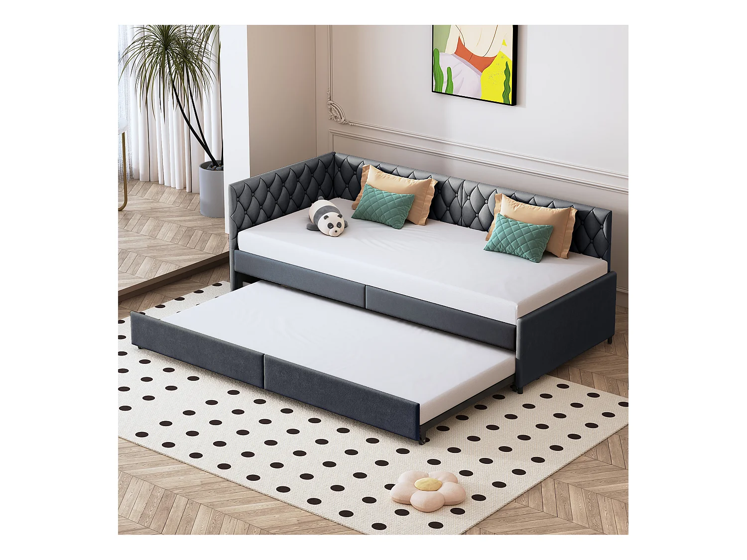 Lit gigogne 90x200cm - Canapé-lit rembourré, tissu en lin, avec sommier à lattes, sans matelas - Gris
