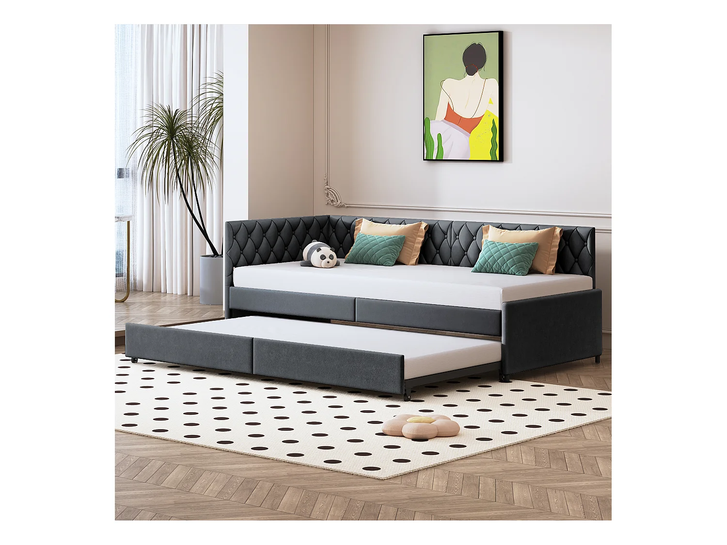 Lit gigogne 90x200cm - Canapé-lit rembourré, tissu en lin, avec sommier à lattes, sans matelas - Gris