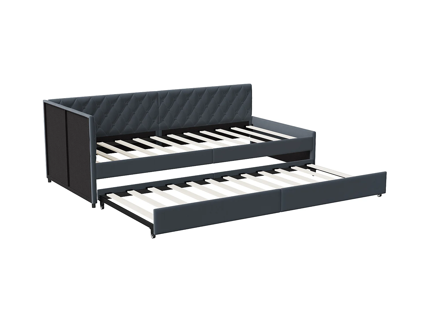 Lit gigogne 90x200cm - Canapé-lit rembourré, tissu en lin, avec sommier à lattes, sans matelas - Gris