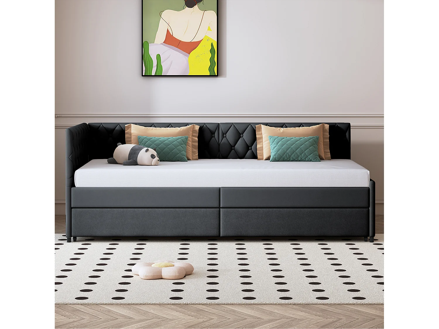 Lit gigogne 90x200cm - Canapé-lit rembourré, tissu en lin, avec sommier à lattes, sans matelas - Gris
