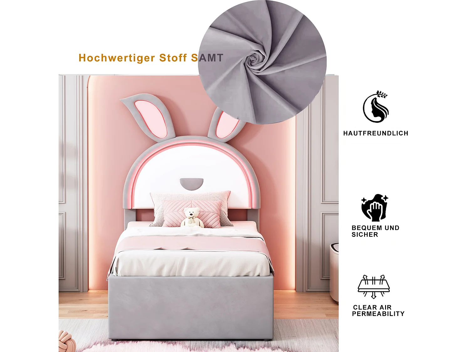 Letto estraibile 90x200+90x190cm, letto per bambini rivestito in velluto, con cassetto contenitore, testiera LED con orecchie di coniglio, grigio