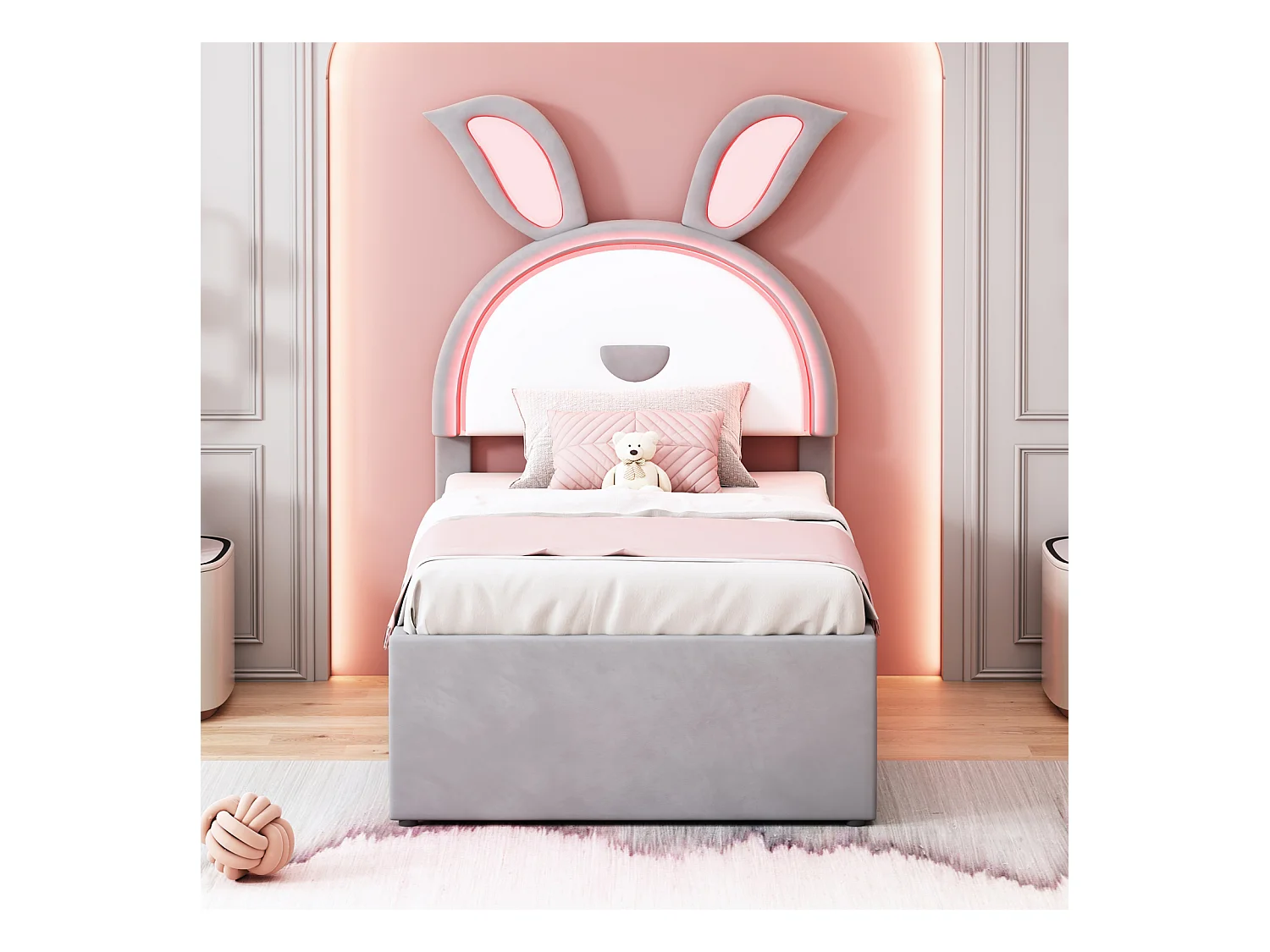 Cama nido 90x200+90x190cm, cama infantil tapizada en tela terciopelo, con cajón almacenaje, cabecero LED con orejas de conejo, color gris