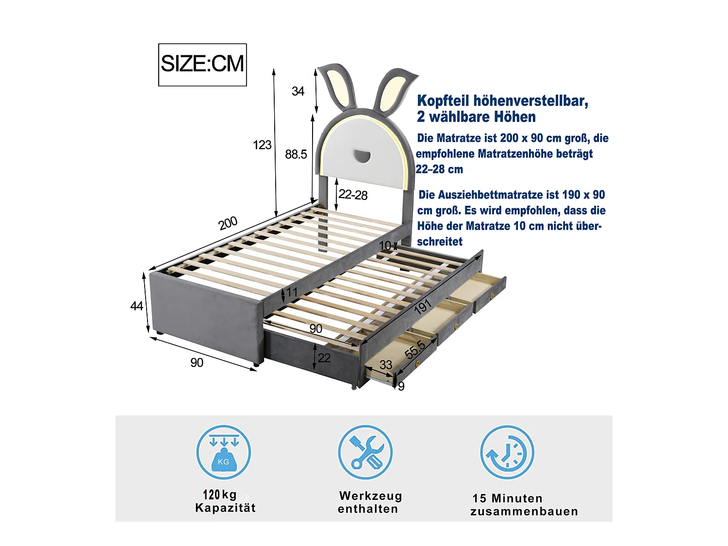 Cama nido 90x200+90x190cm, cama infantil tapizada en tela terciopelo, con cajón almacenaje, cabecero LED con orejas de conejo, color gris