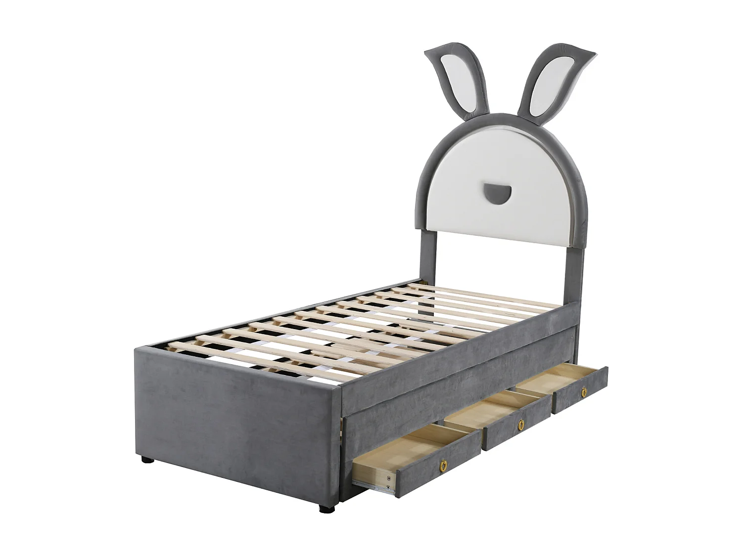 Uitschuifbed 90x200+90x190cm, kinderbed gestoffeerd in fluwelen stof, met opberglade, LED hoofdbord met konijnenoren, grijs