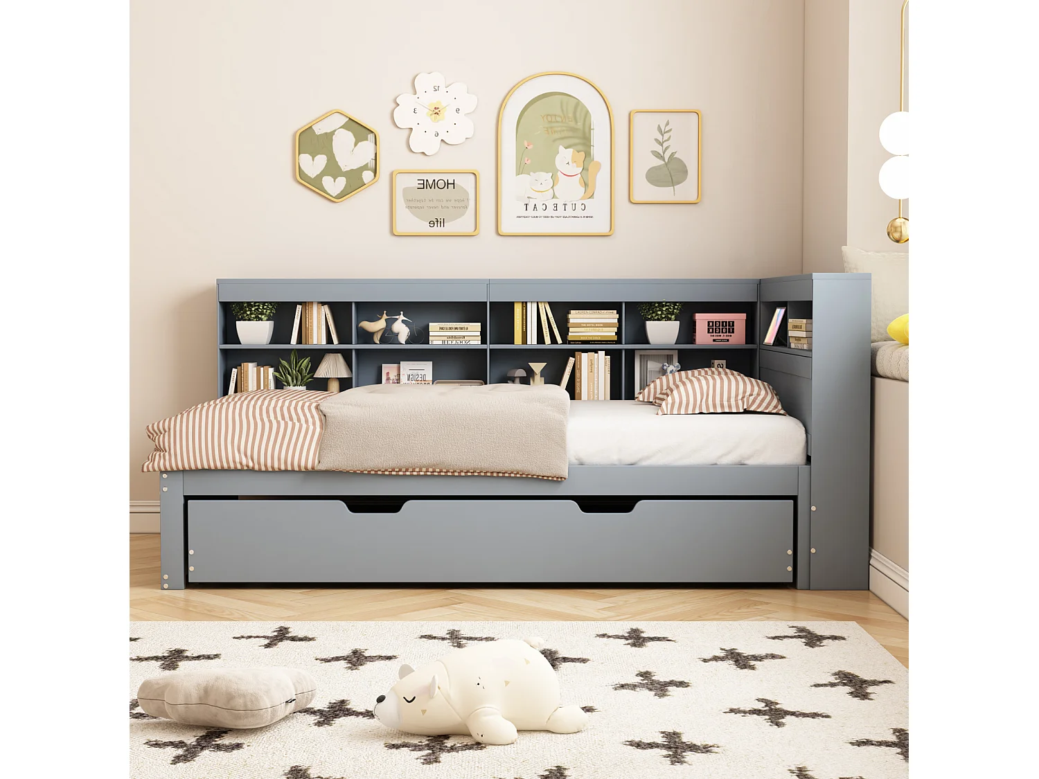 Letto estraibile 90x200cm+90x190cm - struttura in legno massello con rete a doghe, porta USB e diversi spazi contenitivi, grigio