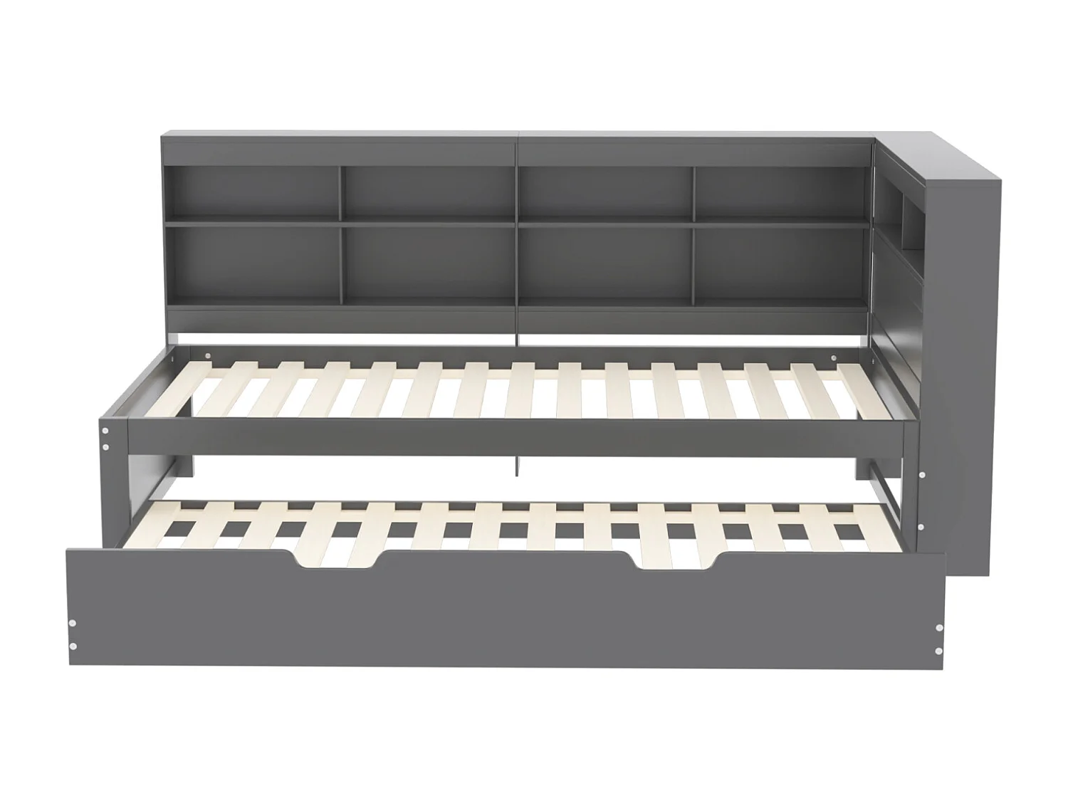 Letto estraibile 90x200cm+90x190cm - struttura in legno massello con rete a doghe, porta USB e diversi spazi contenitivi, grigio