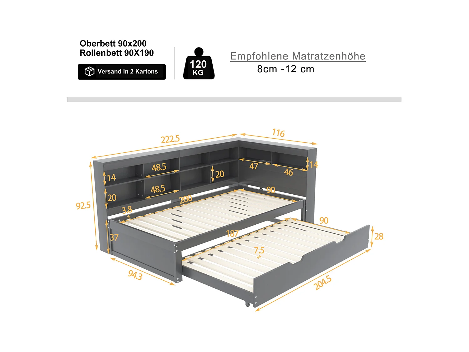 Cama nido 90x200cm+90x190cm - estructura de madera maciza con somier, puerto USB y varios espacios de almacenaje, gris