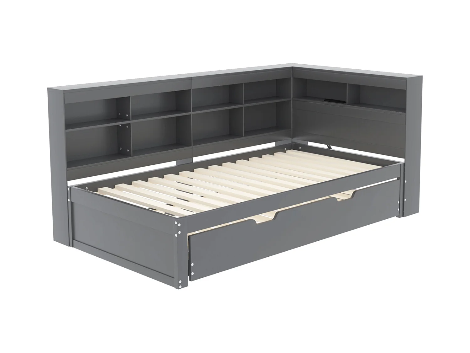 Cama nido 90x200cm+90x190cm - estructura de madera maciza con somier, puerto USB y varios espacios de almacenaje, gris