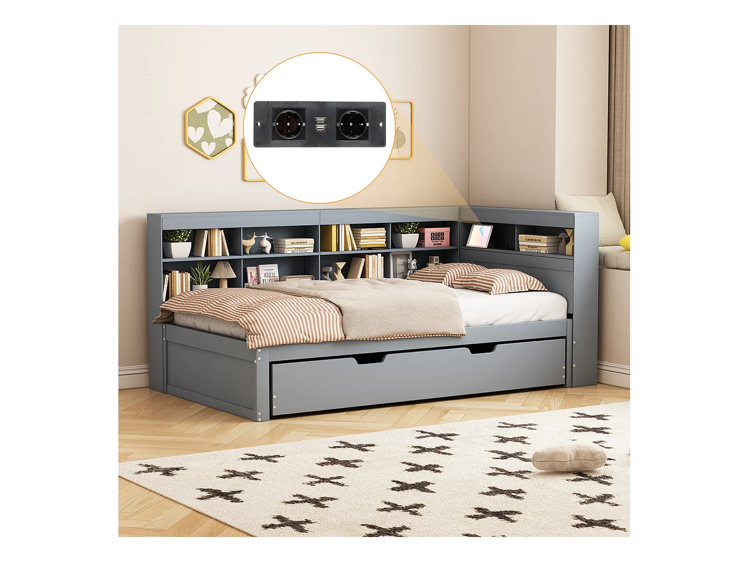 Cama nido 90x200cm+90x190cm - estructura de madera maciza con somier, puerto USB y varios espacios de almacenaje, gris