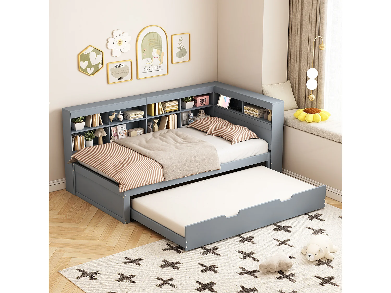 Lit gigogne 90x200cm+90x190cm - cadre en bois massif avec sommier à lattes, prise USB et plusieurs rangements, gris