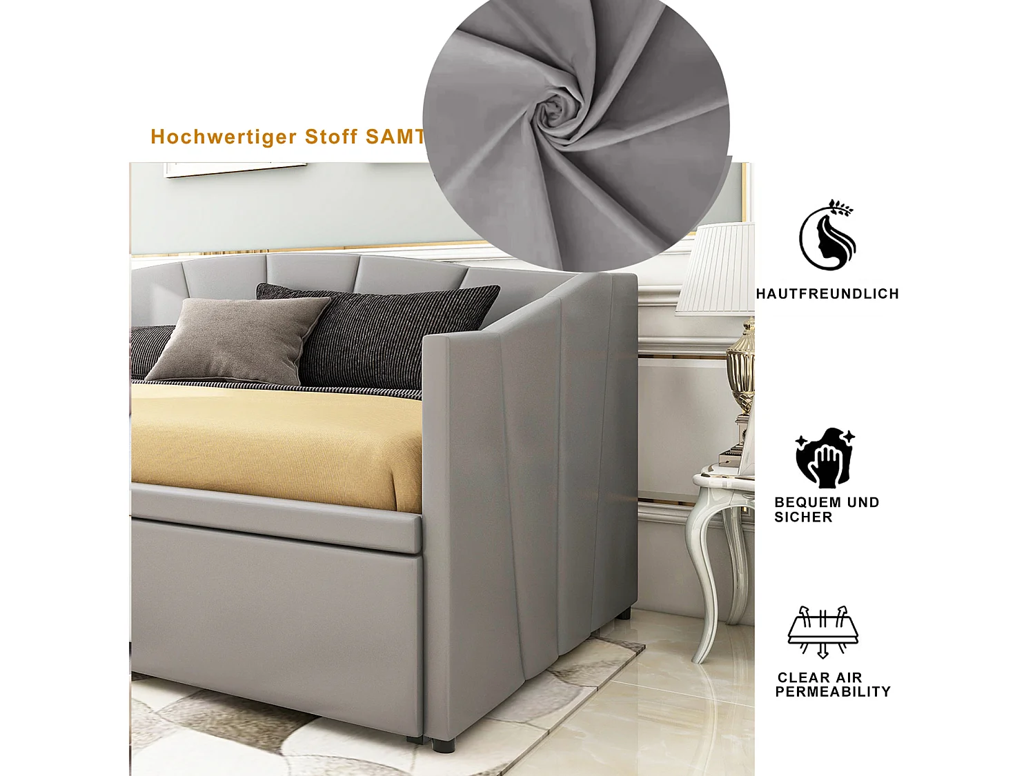 Cama nido 90/180x200cm, sofá cama tapizado extensible con somieres, cama multifuncional en tejido terciopelo estilo moderno - gris
