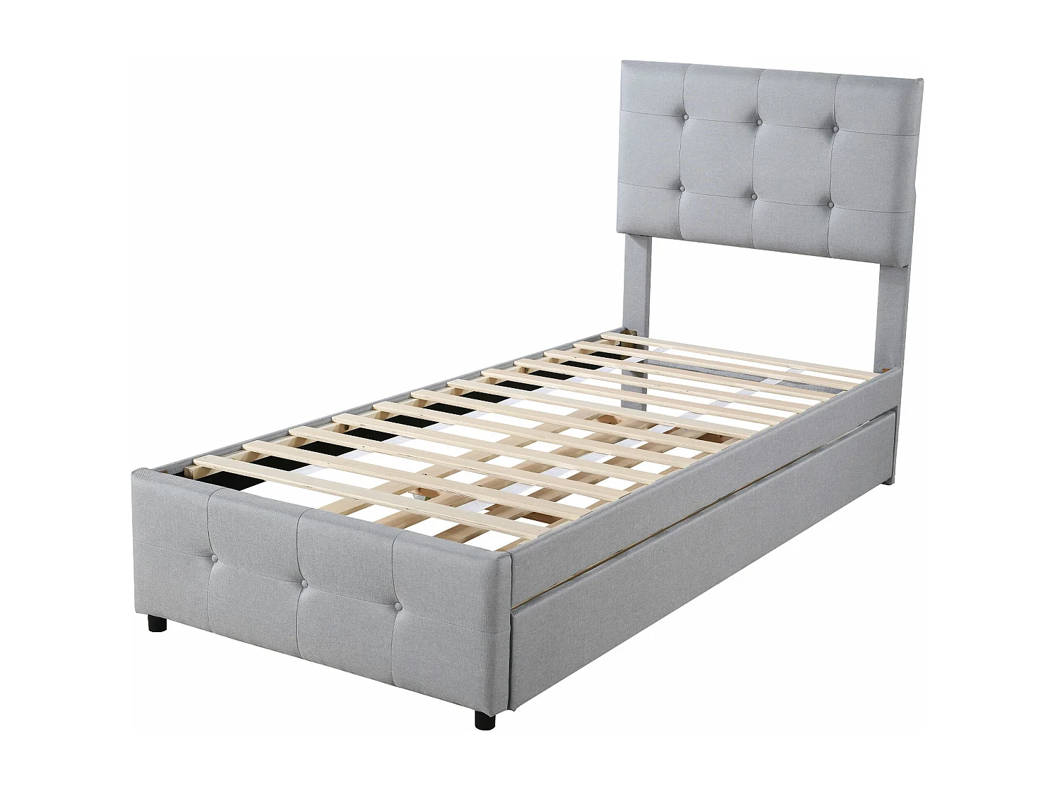 Uitschuifbed 90x200cm+90x190cm, Kinderbed gestoffeerd, uitschuifbaar linnen bed met lattenbodem, verstelbaar hoofdeinde, grijs