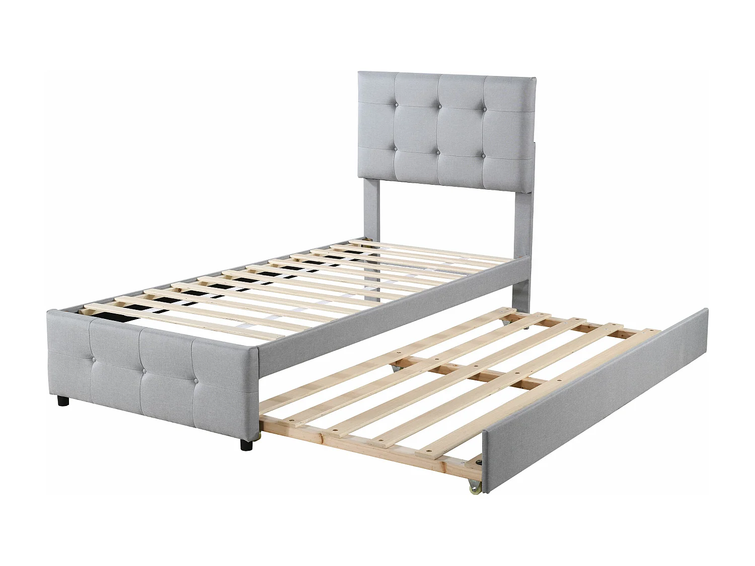 Uitschuifbed 90x200cm+90x190cm, Kinderbed gestoffeerd, uitschuifbaar linnen bed met lattenbodem, verstelbaar hoofdeinde, grijs