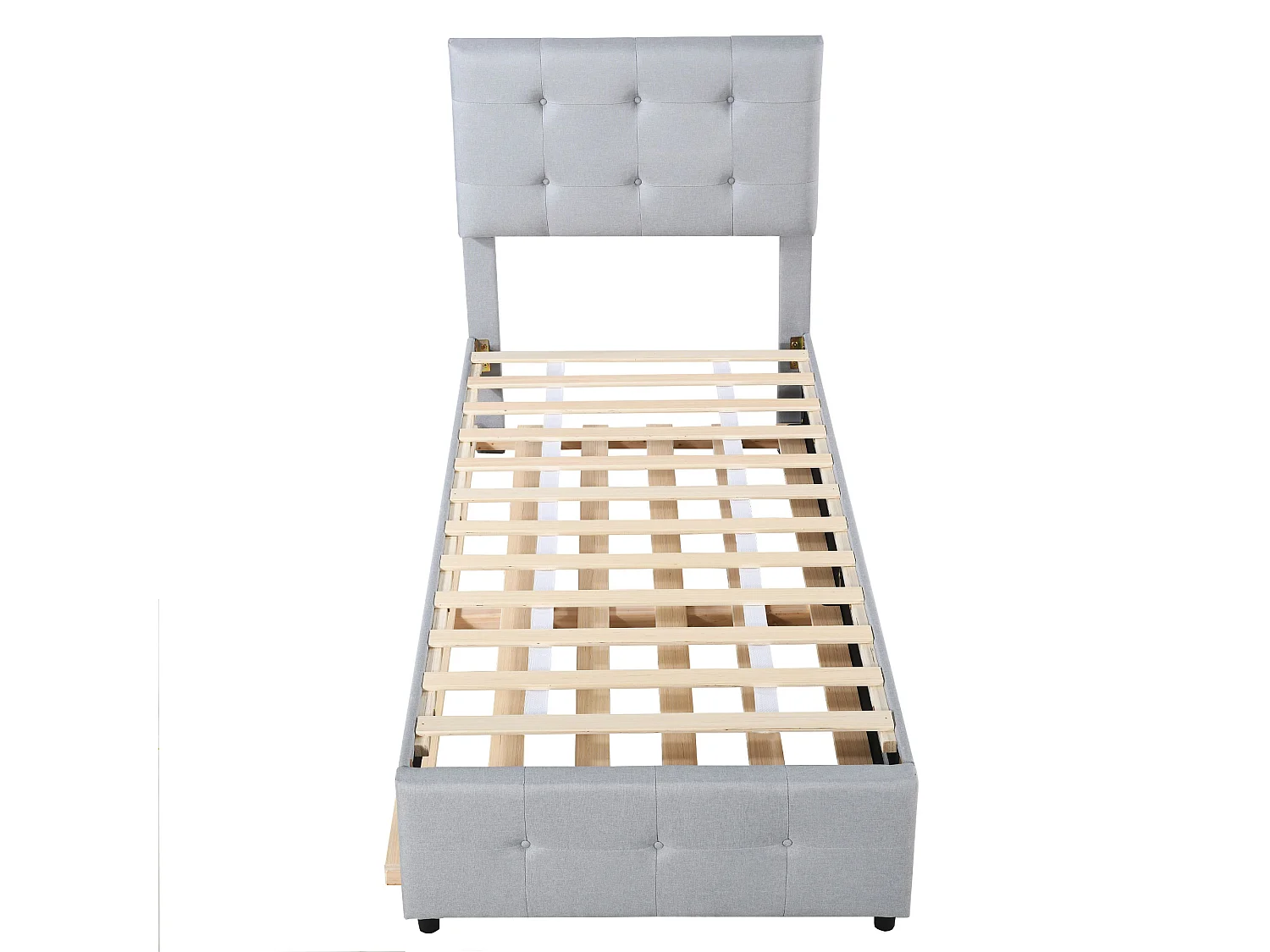 Uitschuifbed 90x200cm+90x190cm, Kinderbed gestoffeerd, uitschuifbaar linnen bed met lattenbodem, verstelbaar hoofdeinde, grijs