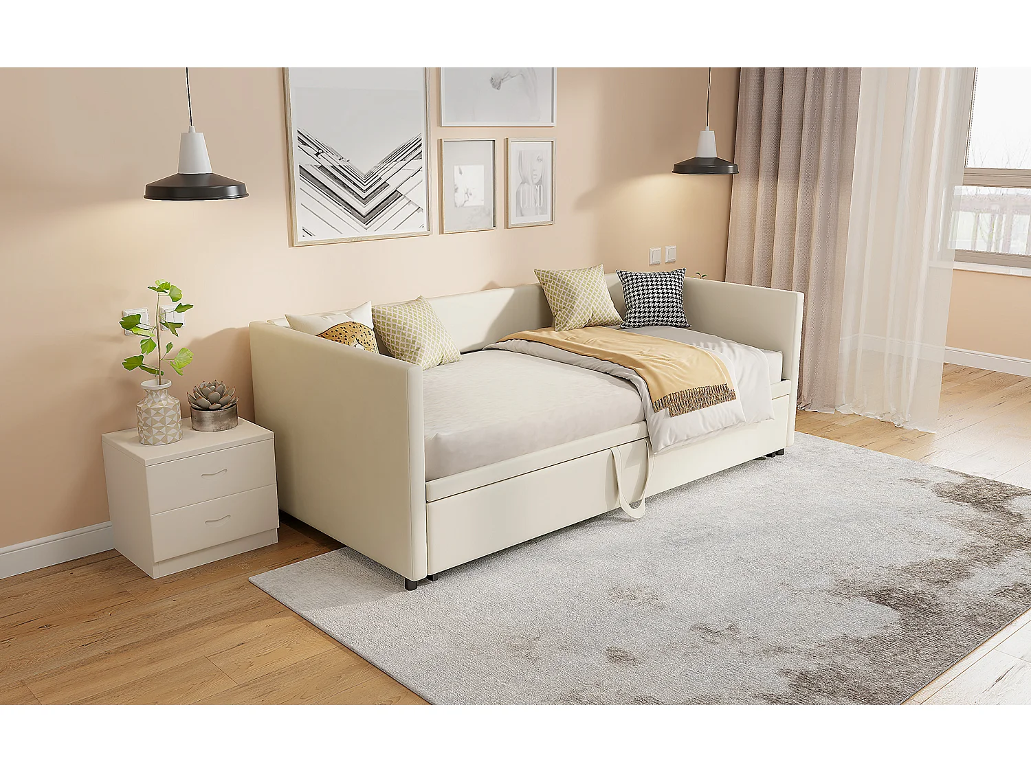 Uitschuifbare slaapbank 90x200 cm in beige fluweel, omvormbaar tot tweepersoonsbed 180x200 cm, modern en praktisch design