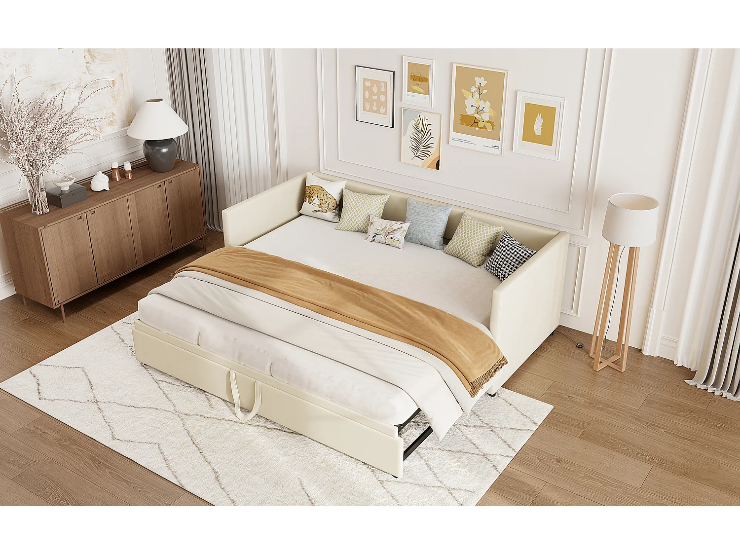 Uitschuifbare slaapbank 90x200 cm in beige fluweel, omvormbaar tot tweepersoonsbed 180x200 cm, modern en praktisch design