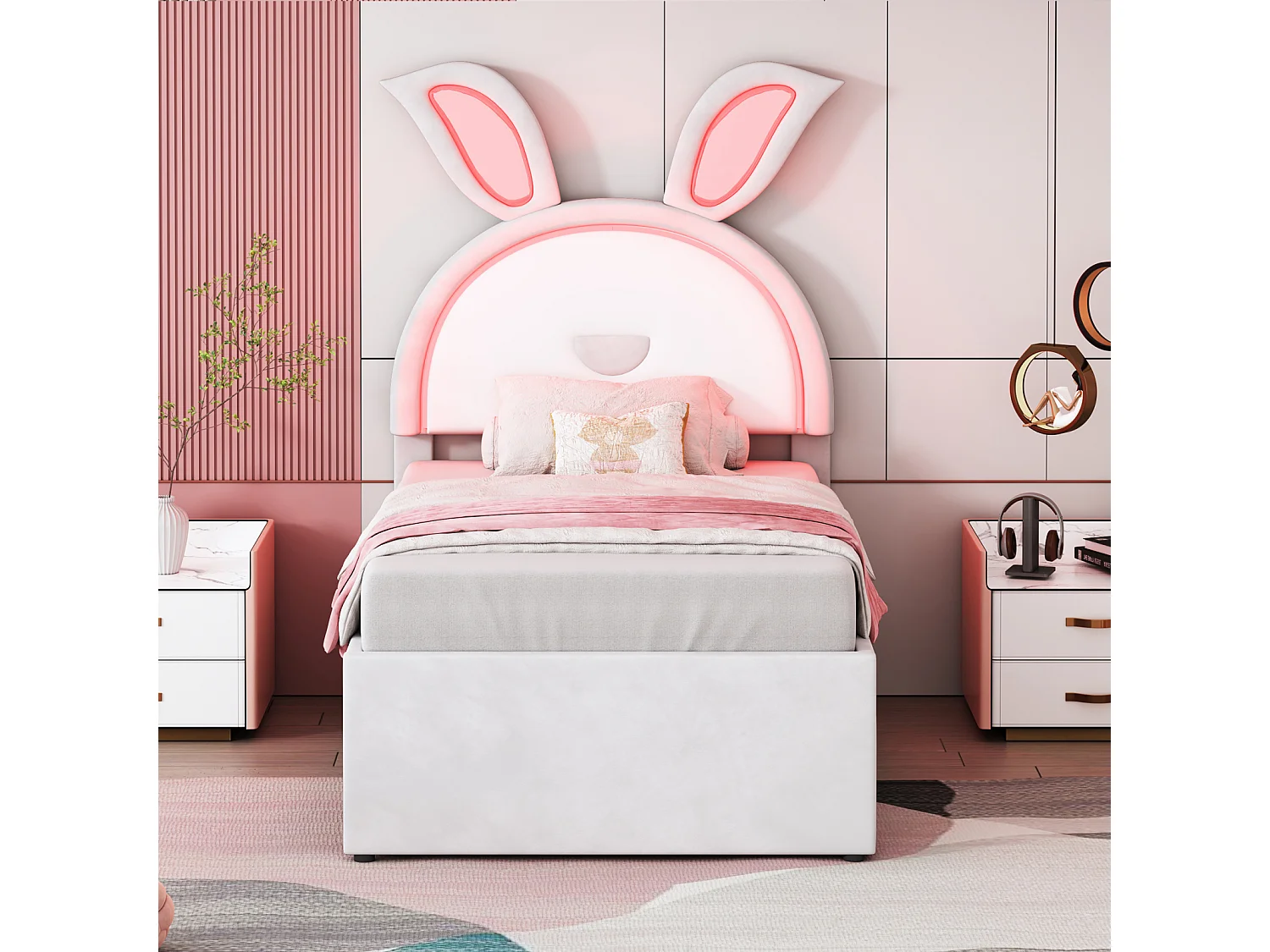 Letto estraibile 90x200+90x190cm, letto per bambini rivestito in velluto, con cassetto contenitore, testiera LED con orecchie di coniglio, beige
