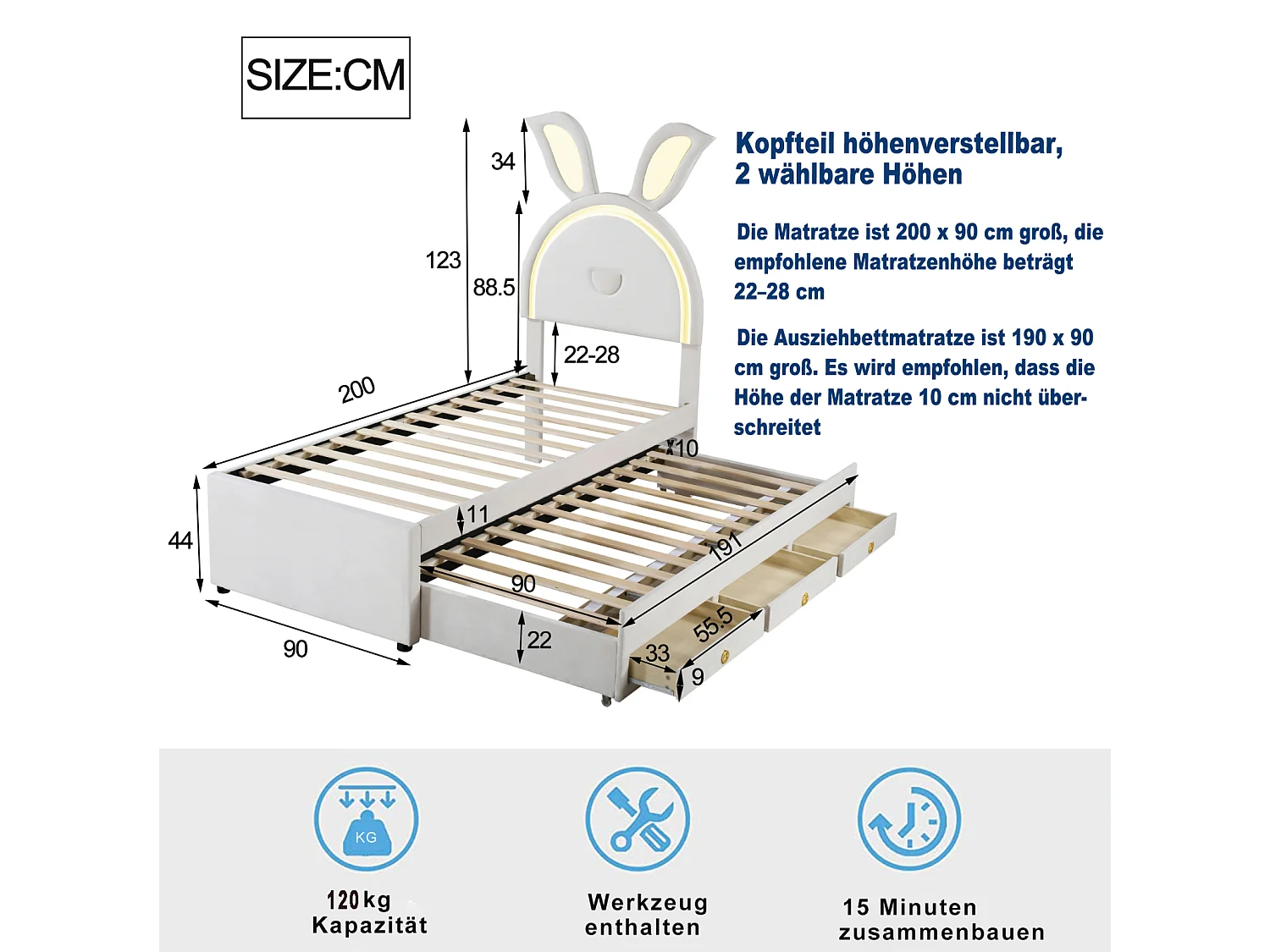 Letto estraibile 90x200+90x190cm, letto per bambini rivestito in velluto, con cassetto contenitore, testiera LED con orecchie di coniglio, beige
