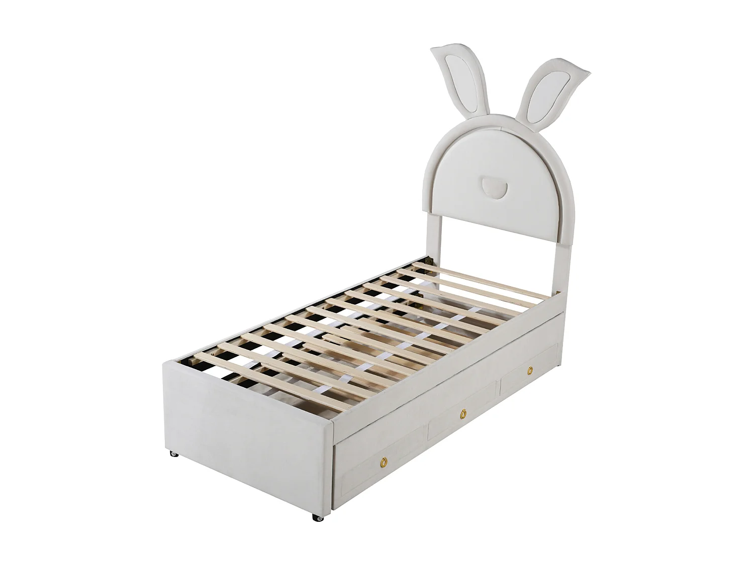 Letto estraibile 90x200+90x190cm, letto per bambini rivestito in velluto, con cassetto contenitore, testiera LED con orecchie di coniglio, beige