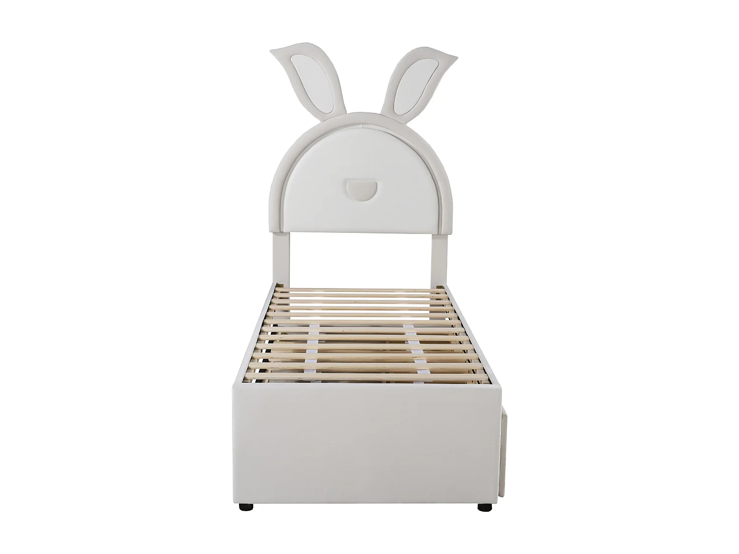 Lit gigogne 90x200+90x190cm, lit enfant capitonné en tissu velours, avec tiroir de rangement, tête de lit LED avec oreilles de lapin, beige