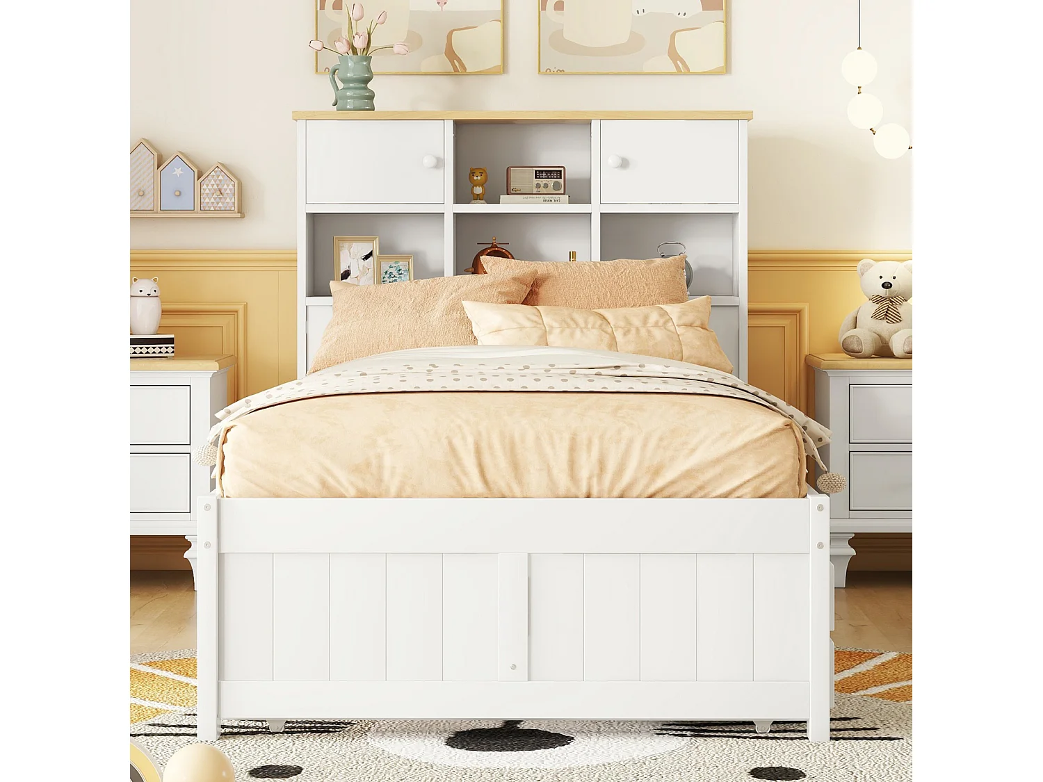 Uitschuifbed 90x200cm+90x190cm, met 3 lades, met lattenbodem en hoofdbord met diverse opbergruimtes, wit