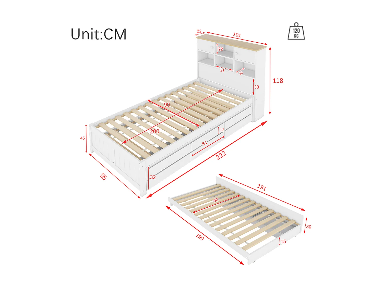 Uitschuifbed 90x200cm+90x190cm, met 3 lades, met lattenbodem en hoofdbord met diverse opbergruimtes, wit