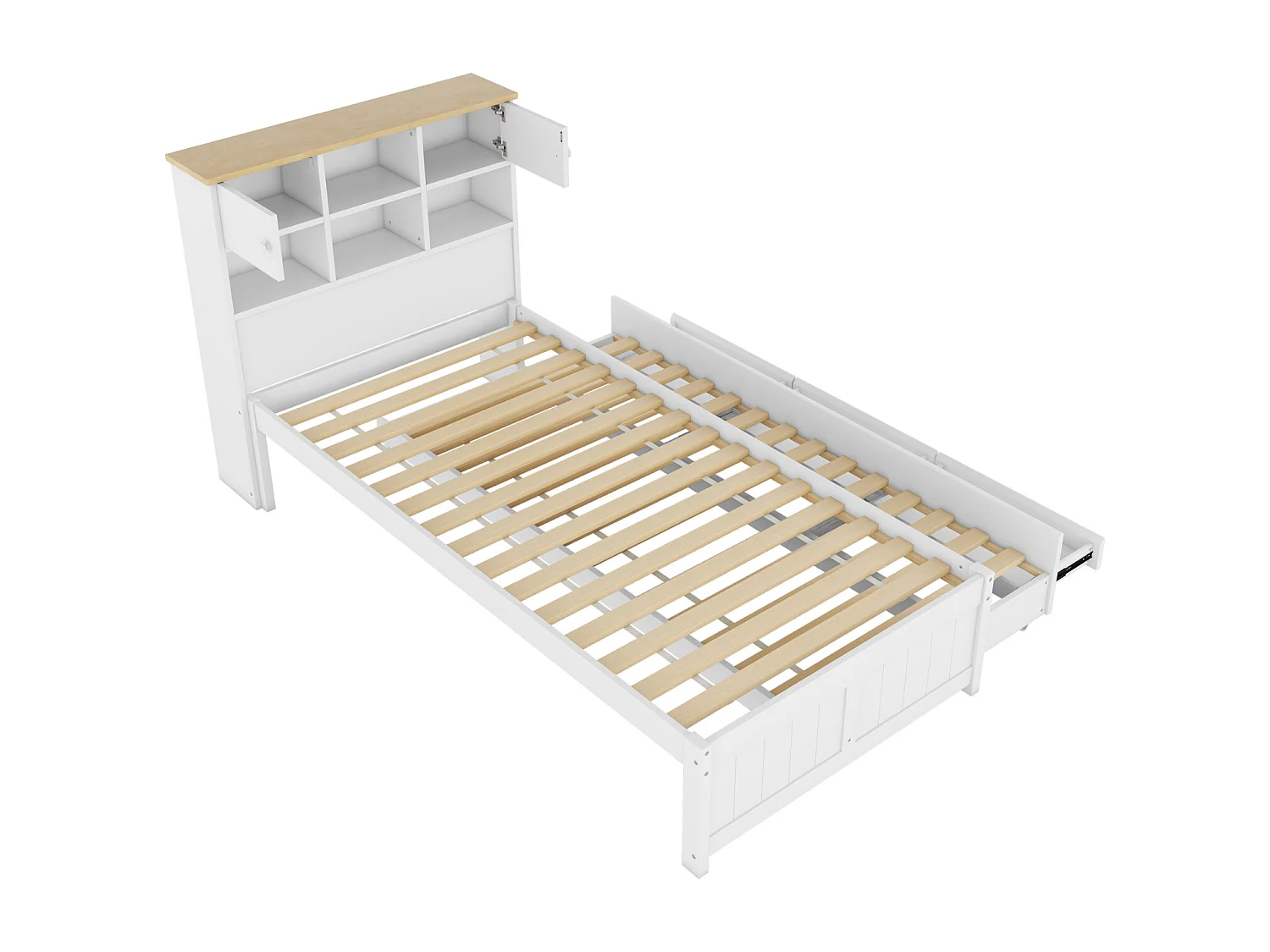 Uitschuifbed 90x200cm+90x190cm, met 3 lades, met lattenbodem en hoofdbord met diverse opbergruimtes, wit