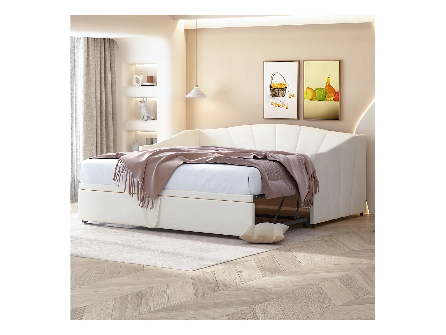 Lit gigogne 90/180x200cm, lit capitonné canapé-lit extensible avec sommiers à lattes, lit multifonctionnel en tissu velours style moderne - beige
