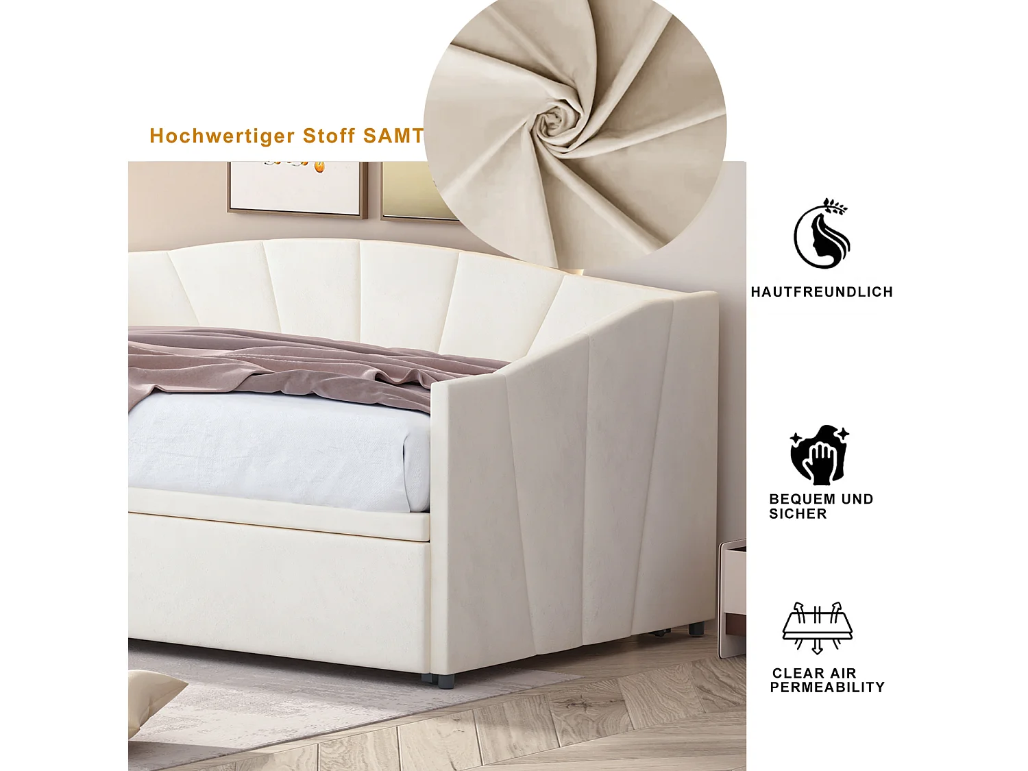 Uitschuifbed 90/180x200cm, gestoffeerde slaapbank uitschuifbaar met lattenbodems, multifunctioneel bed in fluwelen stof moderne stijl - beige