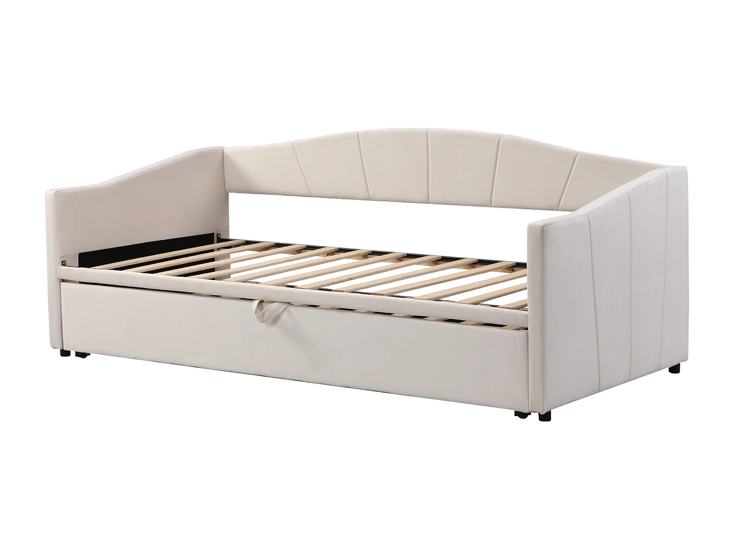 Uitschuifbed 90/180x200cm, gestoffeerde slaapbank uitschuifbaar met lattenbodems, multifunctioneel bed in fluwelen stof moderne stijl - beige