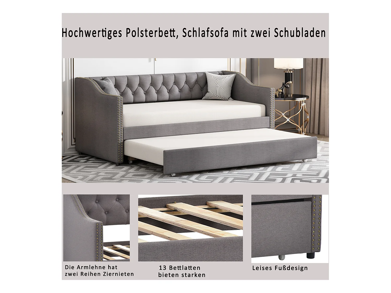 lit gigogne 90x200cm, canapé-lit, lit banquette 2 places, sommiers à lattes, canapé lit convertible style moderne - Gris