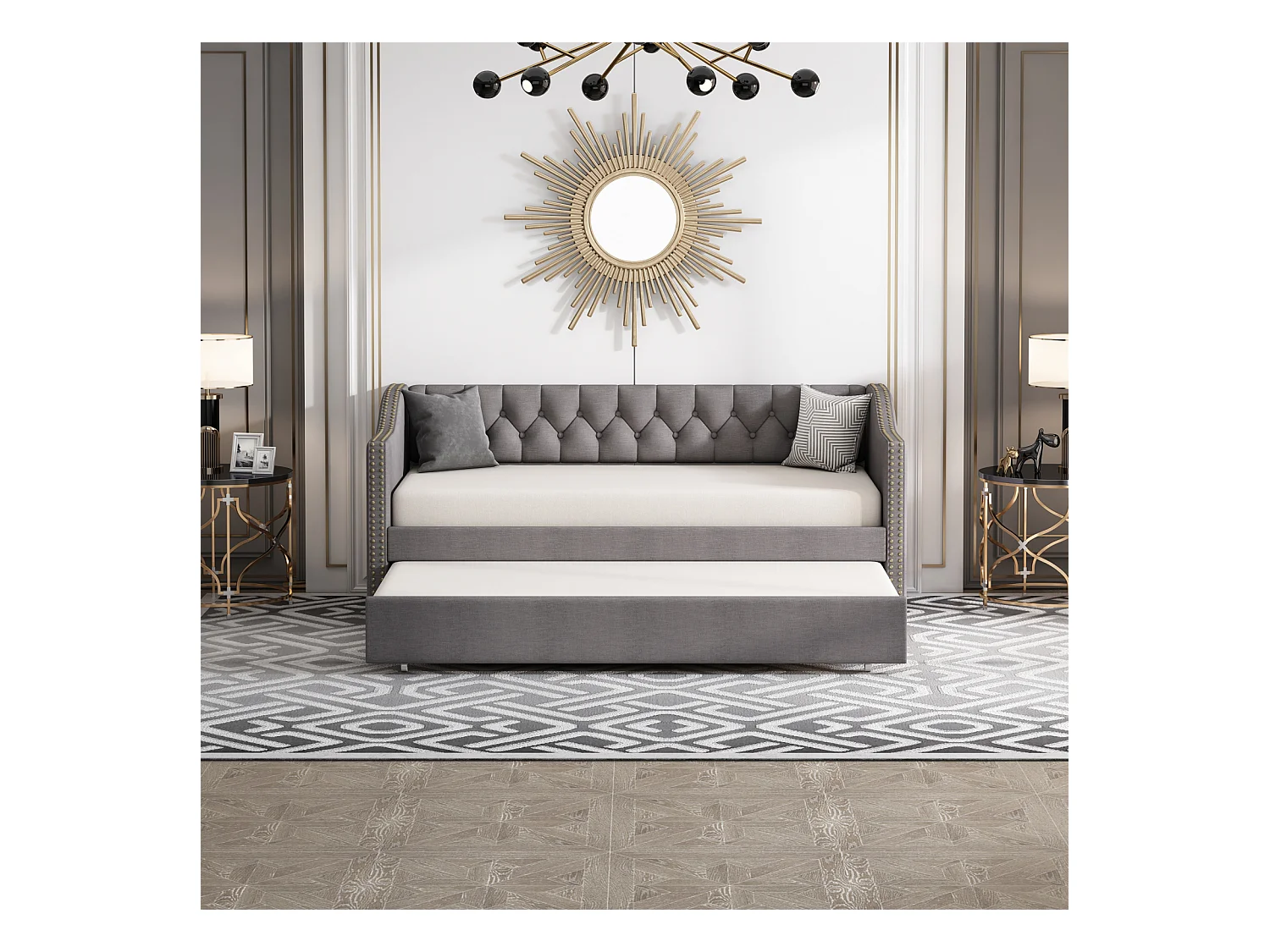 lit gigogne 90x200cm, canapé-lit, lit banquette 2 places, sommiers à lattes, canapé lit convertible style moderne - Gris