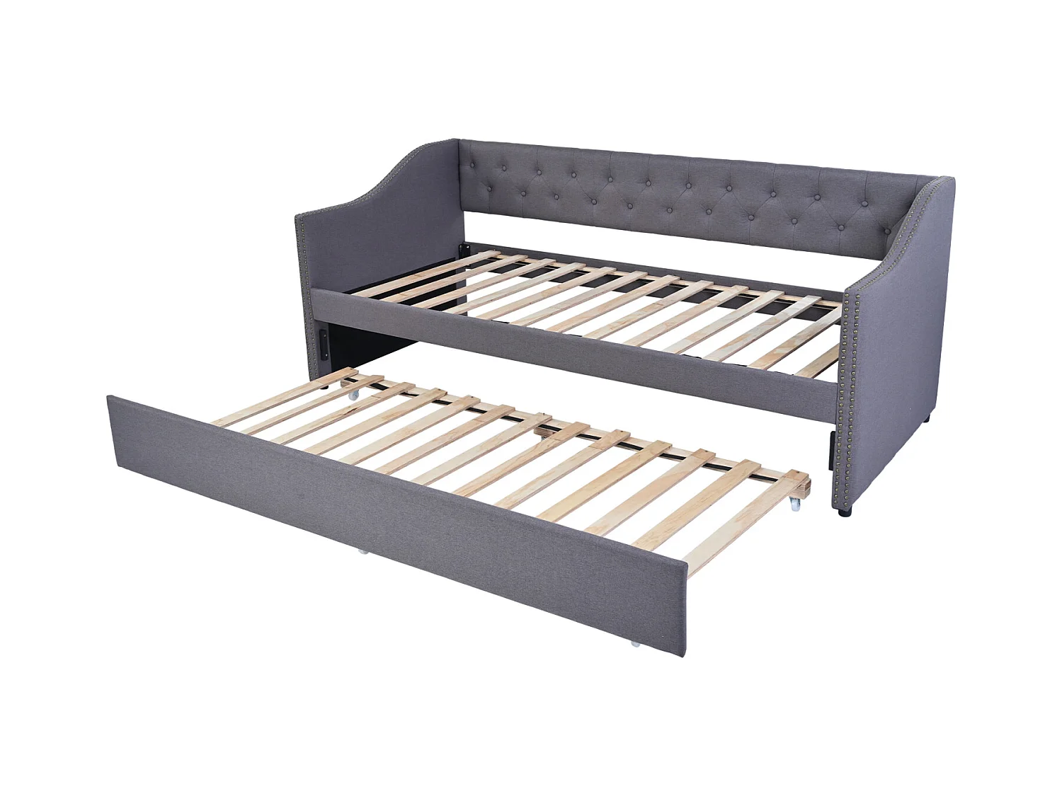 lit gigogne 90x200cm, canapé-lit, lit banquette 2 places, sommiers à lattes, canapé lit convertible style moderne - Gris