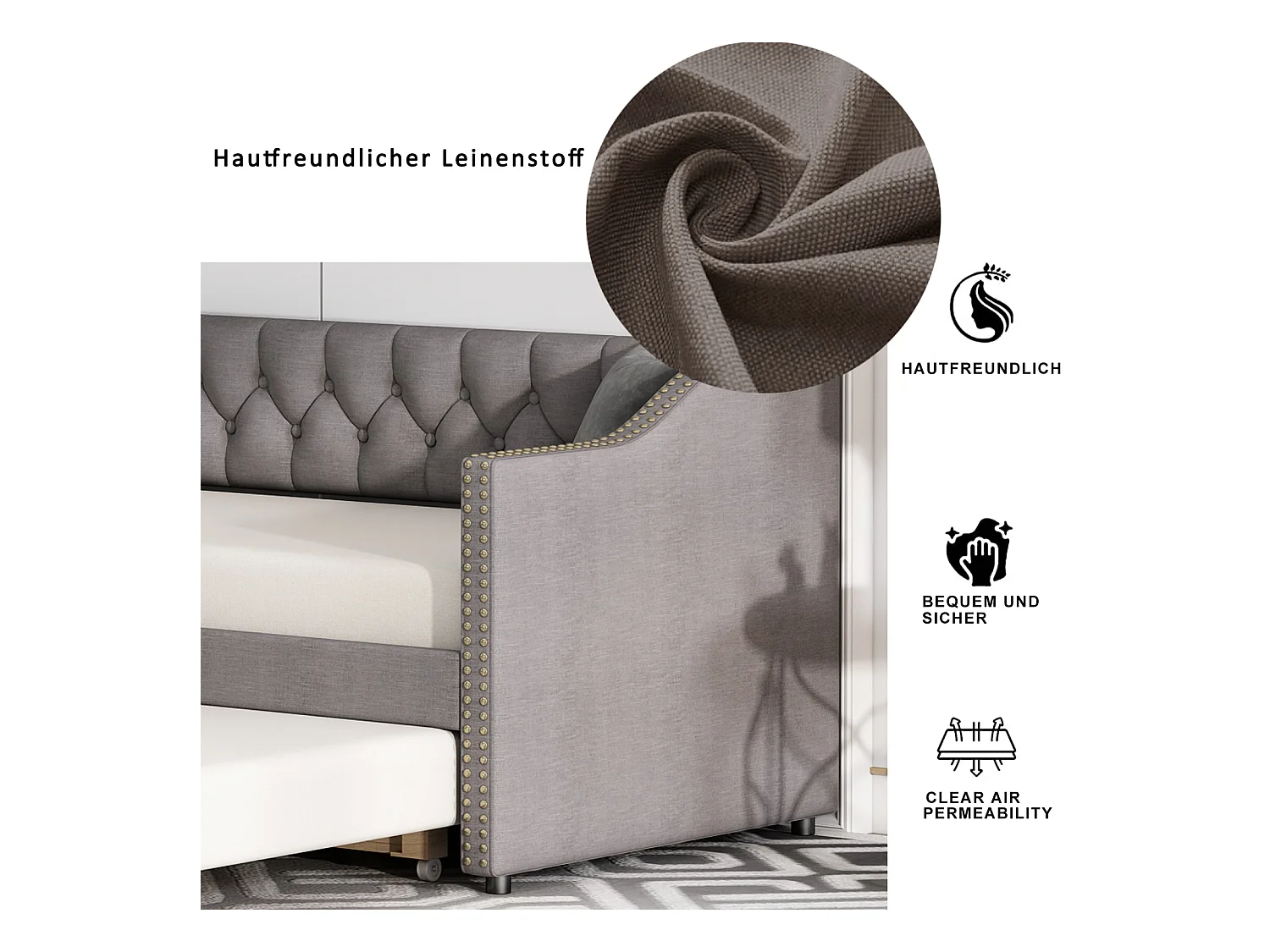 lit gigogne 90x200cm, canapé-lit, lit banquette 2 places, sommiers à lattes, canapé lit convertible style moderne - Gris