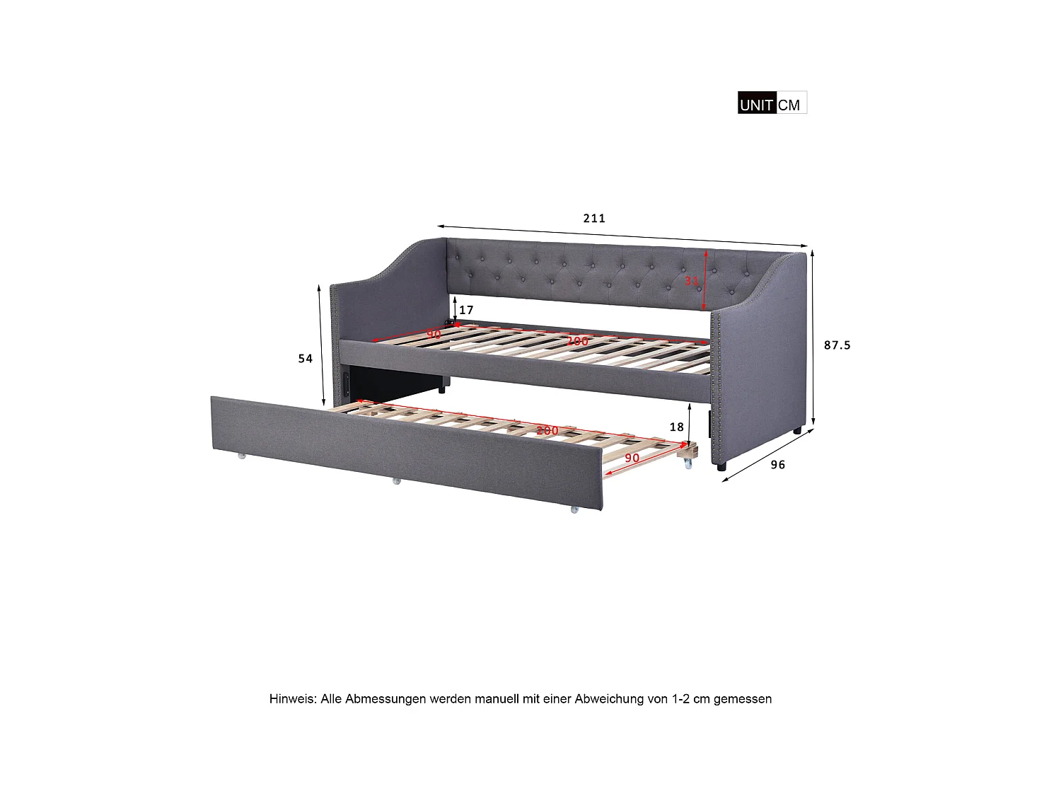 lit gigogne 90x200cm, canapé-lit, lit banquette 2 places, sommiers à lattes, canapé lit convertible style moderne - Gris