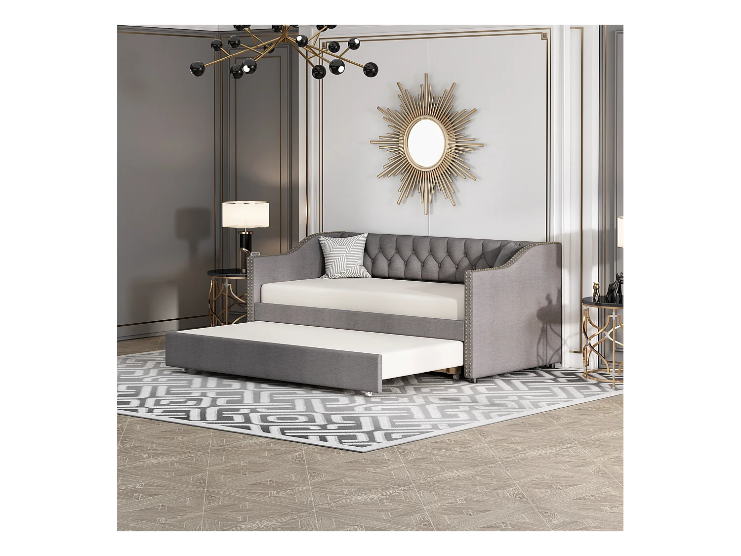 lit gigogne 90x200cm, canapé-lit, lit banquette 2 places, sommiers à lattes, canapé lit convertible style moderne - Gris
