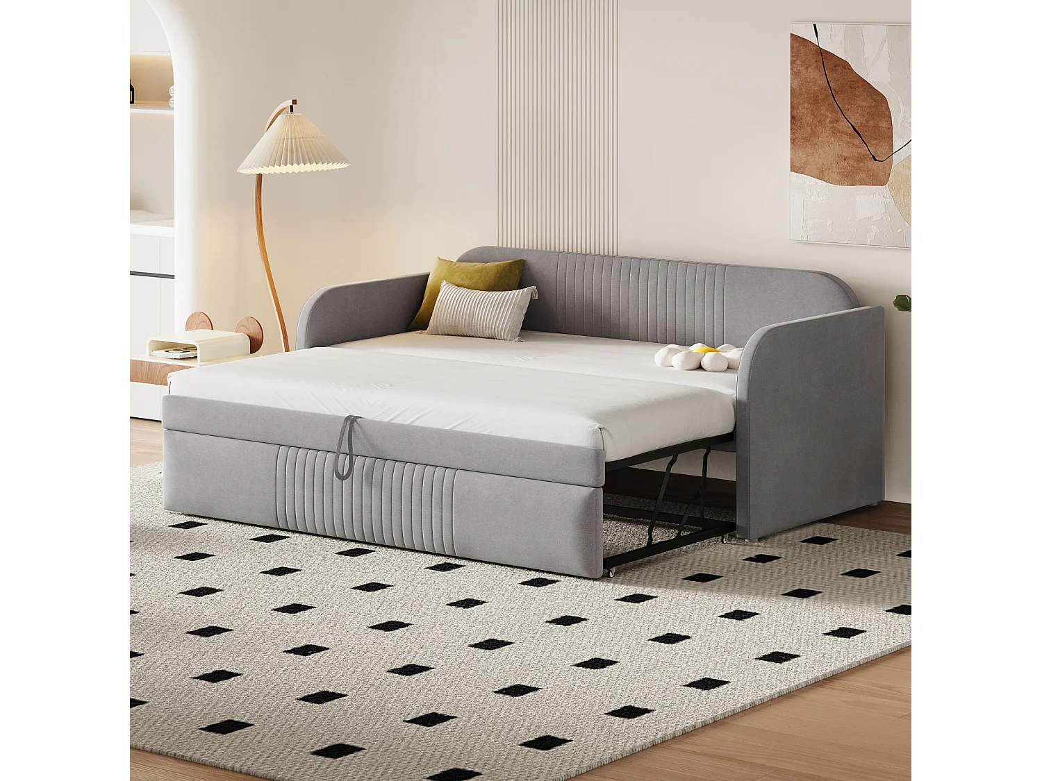 Uitschuifbed 90-180x190cm, gestoffeerde slaapbank met verticale strepen, met lattenbodem, zonder matras, linnen stof, lichtgrijs