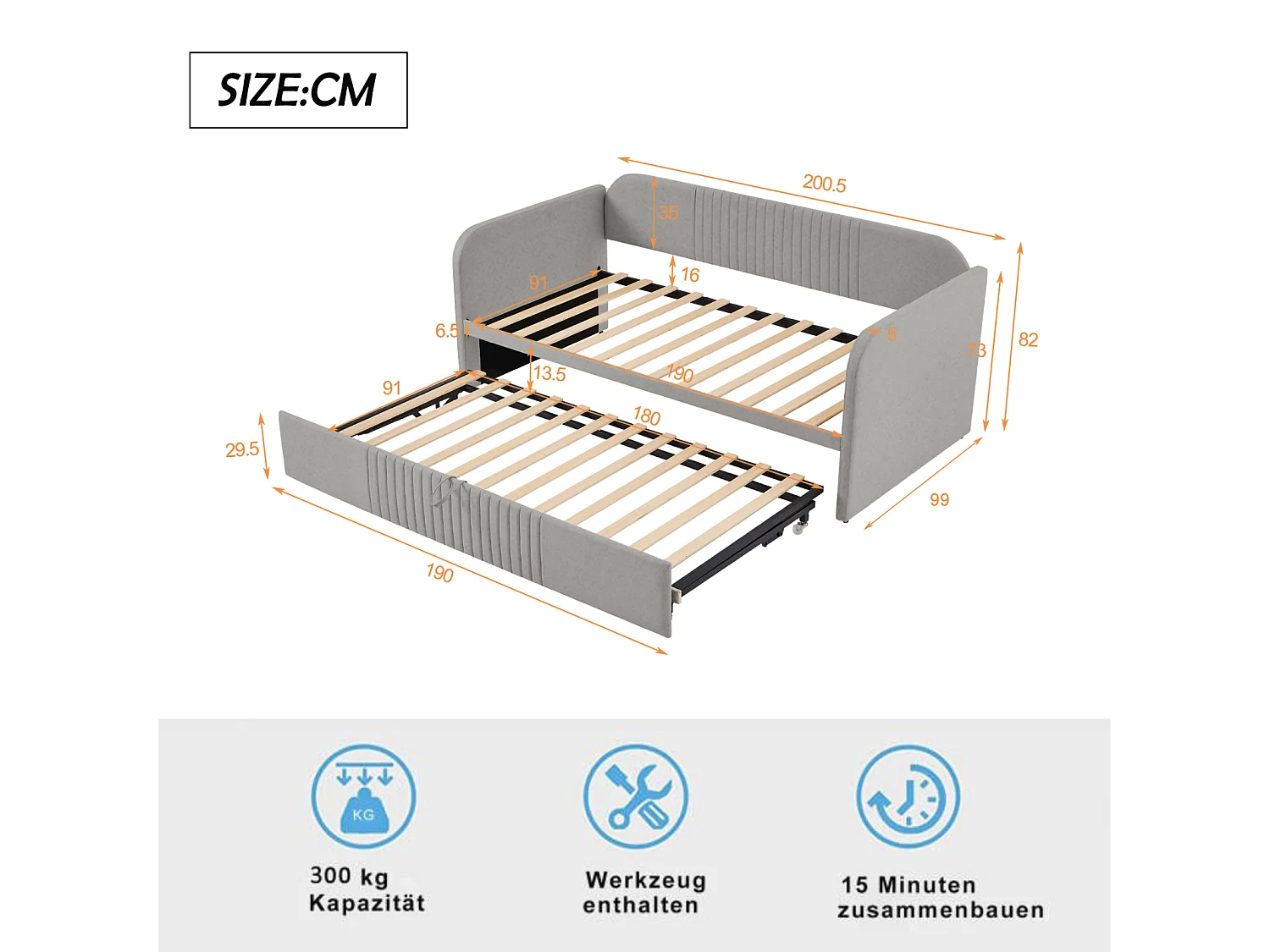 Uitschuifbed 90-180x190cm, gestoffeerde slaapbank met verticale strepen, met lattenbodem, zonder matras, linnen stof, lichtgrijs