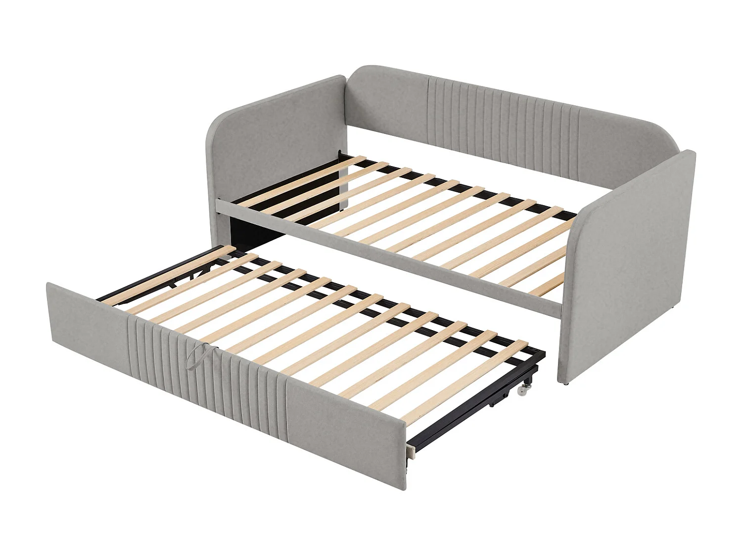 Uitschuifbed 90-180x190cm, gestoffeerde slaapbank met verticale strepen, met lattenbodem, zonder matras, linnen stof, lichtgrijs
